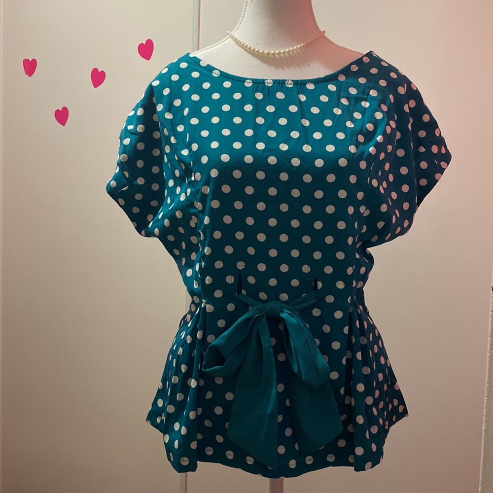 Teal Polka Dot Bow Tie Ribbon Blouse